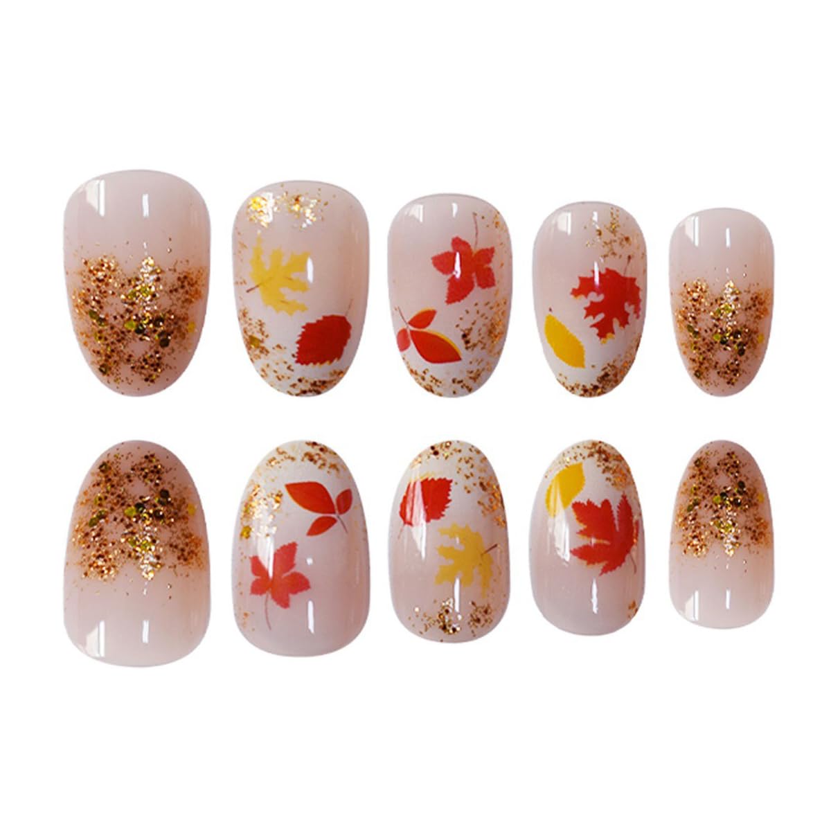 24Pcs Fall Maple Leaf Press on Nails Short Oval Almond Fake Nails with Gold Glitter Designs Thanksgiving Maple Leaves False Nails Full Cover Glossy Nude Acrylic Glue on Nail for Women Autumn Nails DIY