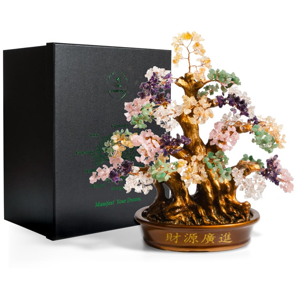 GEMBOURY Natural Bonsai Feng Shui Money Tree, 18'', Includes Lucky Coins Chain, Tree of Life (1300 Gemstone Count), Good Luck and Wealth