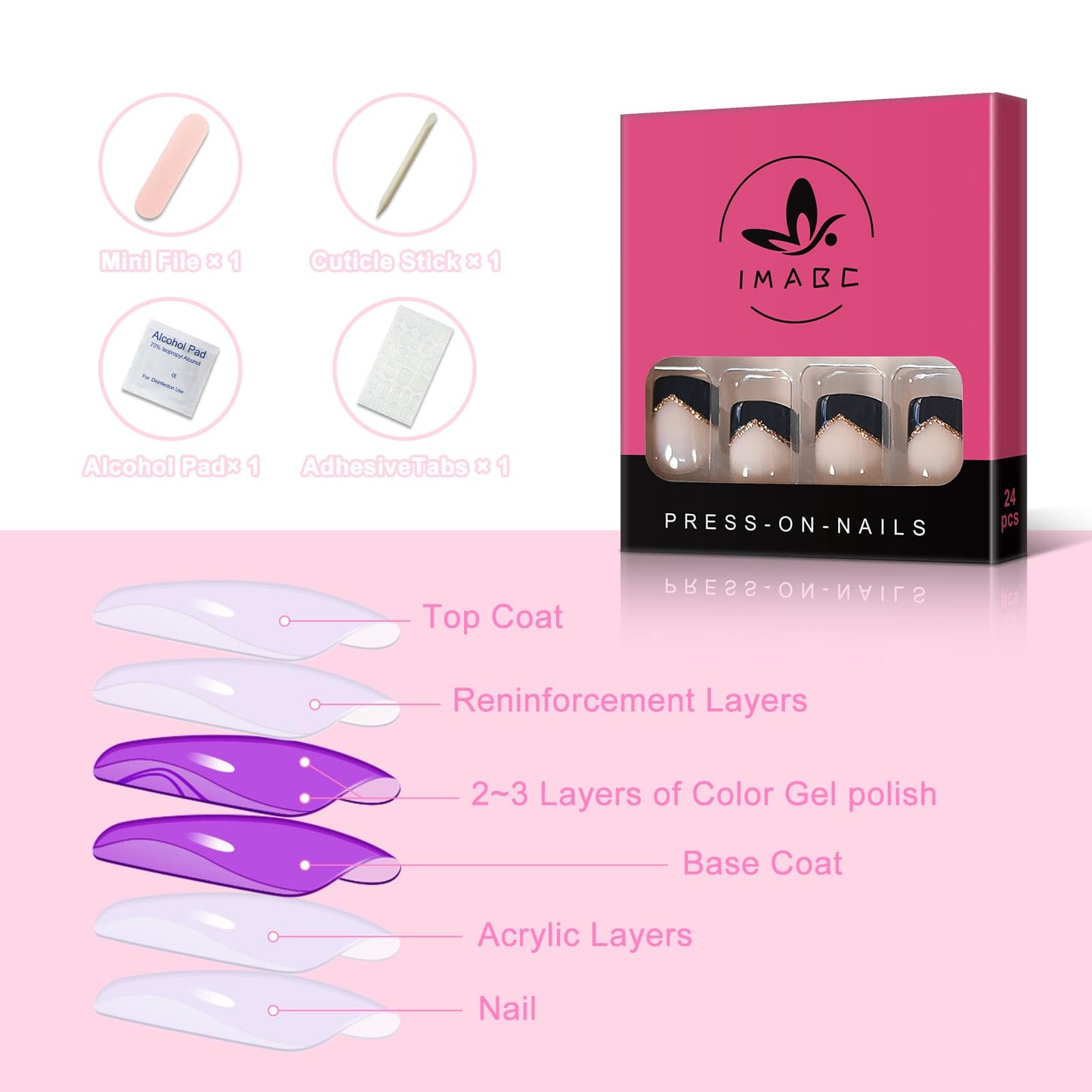 iMABC Press on Nails - Nude Black French Glitter Tips Fake Nail | Cute Short Glossy Shiny Solid False Nails | Glue Acrylic Decoration Manicure Gift for Girls Women 24Pcs
