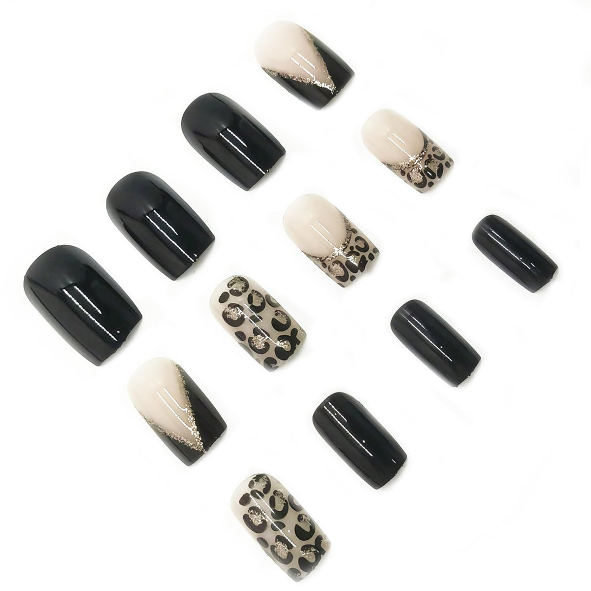 24 Pcs French Tip Press on Nails with Leopard Print Designs Medium Square Silver Glitter Fake Nail Glossy Black False Nails Full Cover Acrylic Stick on Nail for Women DIY Manicure