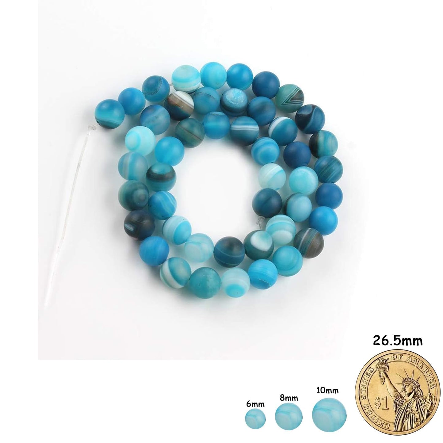 Yochus 45pcs Peacock Blue Dull Polish Matte Striated Agates Beads，8mm Healing Power Natural Stone Round Loose Beads for Jewelry Making Earring Necklace DIY Crafts