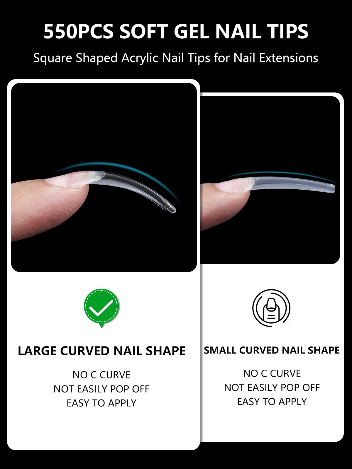 Yokilly Clear Coffin Nails Tips, 550PCS Long C Curved Nail Tips for Acrylic Nails Professional, Half Cover Square Soft Gel Fake Nail Tips for Dip Powder Nail Salons and DIY Nail Art