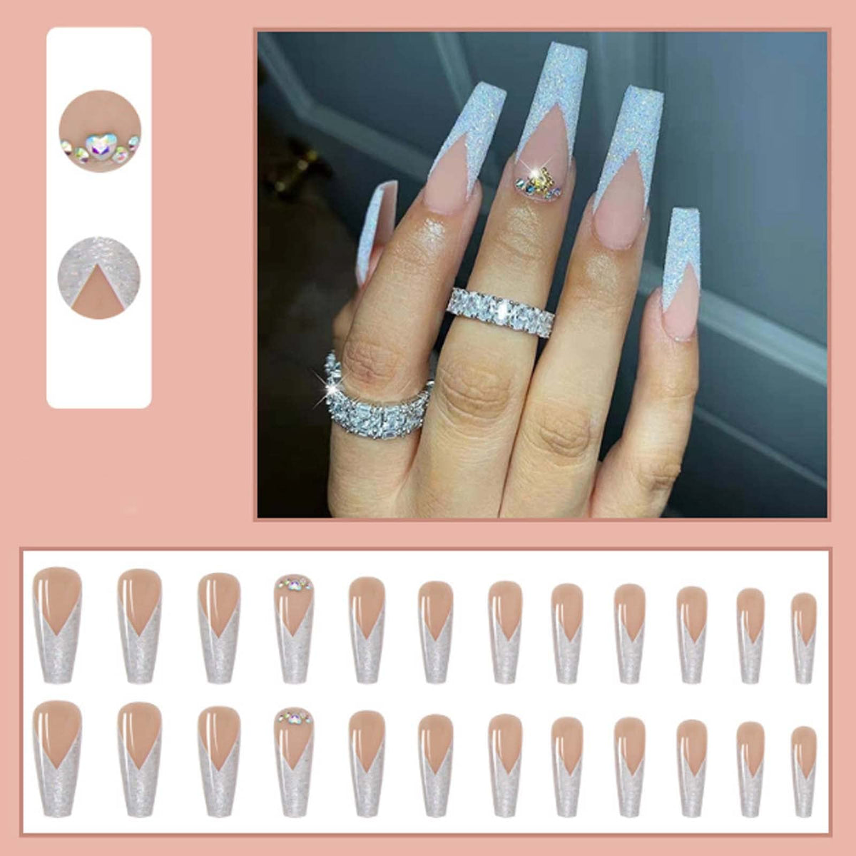 Hkanlre Rhinestones Press on Nails French Coffin Long Bling Fake Nails Nude Acrylic False Nails Full Cover Nails for Women and Girls 24PCS