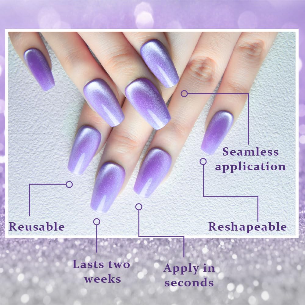 evpct Violet Purple Cat Eye Coffin Press on Nails Medium Square No Glue, Medium Square Stick on Nail for Women, Purple Metallic Glitter Glossy Reusable Soft Press on Acrylic Fake Nail with Designs