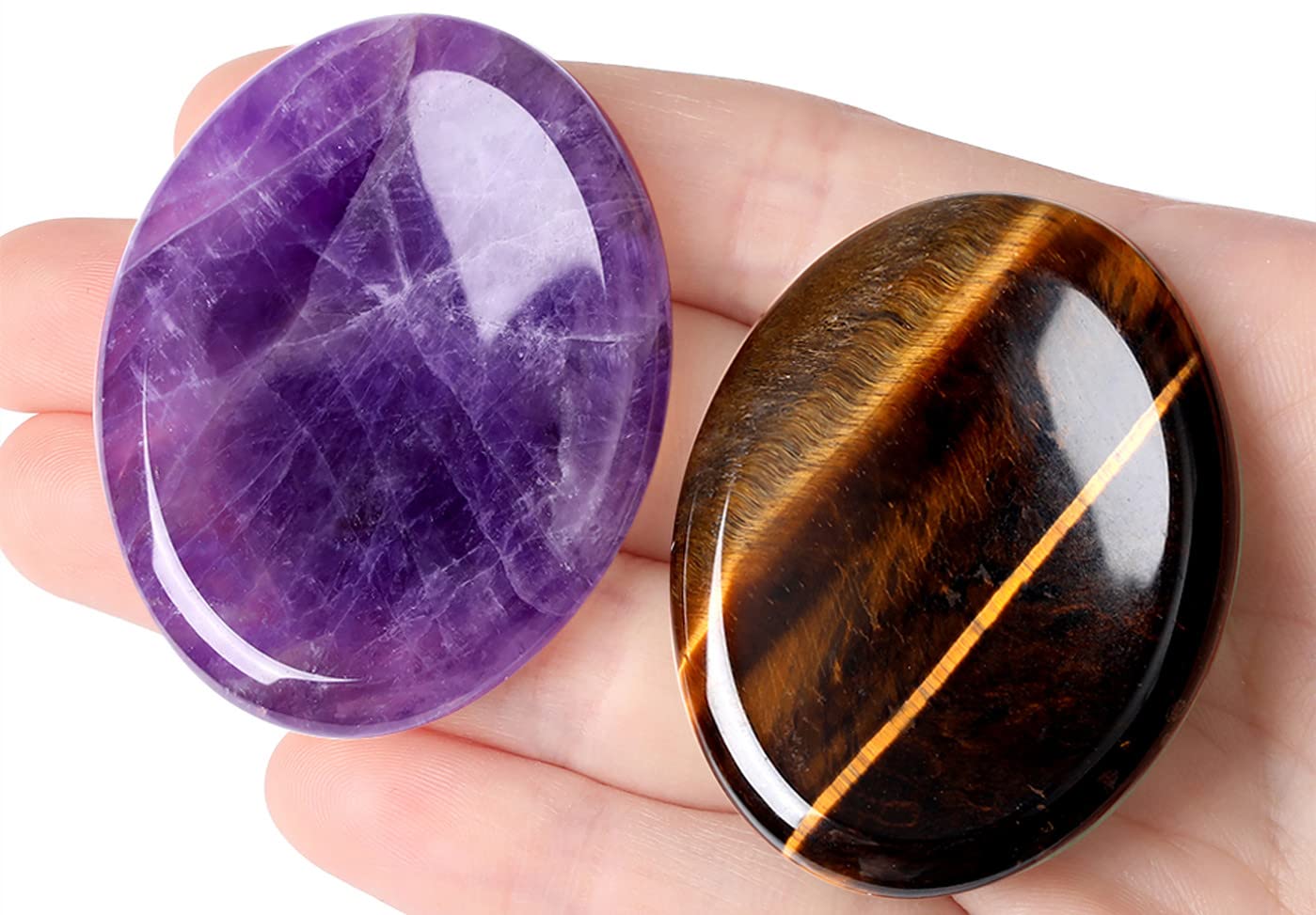 2PCS Worry Stone for Anxiety Tigers Eye Amethyst Healing Crystals Hand Thumb Stones Pocket Gemstones Meditation Accessories Oval Crystal Natural Relax Palm Stone Anxiety Relief Items Stocking Stuffers