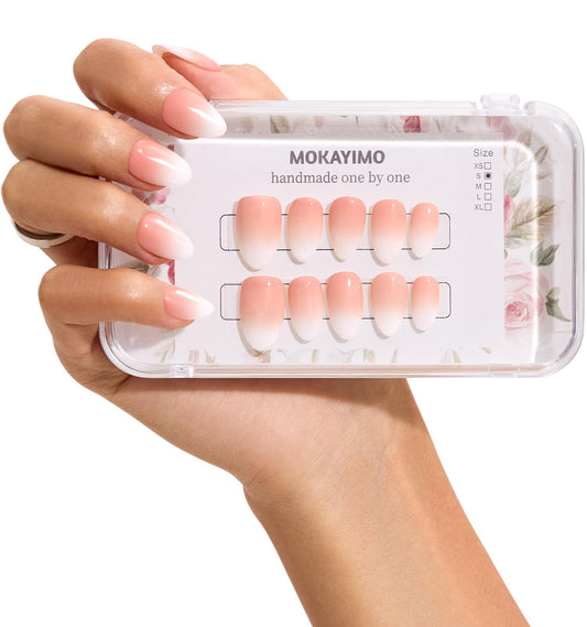MOKAYIMO Ombre Press On Nails Short，Almond Nude Nail Press Ons，Reusable Press On Nail Kit With Everthing，10pcs Durable Handmade Custom-Sized Acrylic Nails，Size M