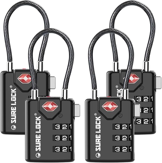 SURE LOCK TSA Approved Combination Luggage Locks with Open Alert Indicator â Durable Zinc Alloy Cable Travel Locks with Large Easy-Read Dials for Suitcases, Backpacks & Gym Bags Black 4 Pack
