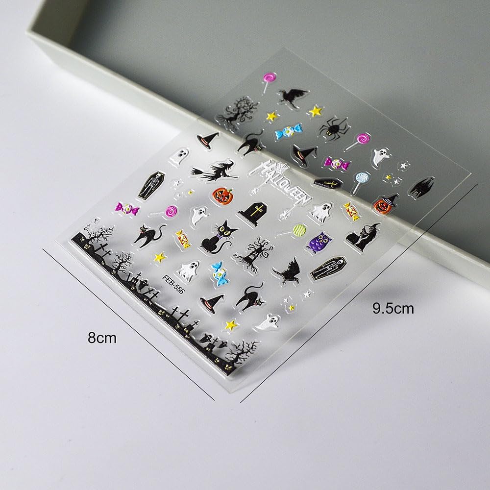 Halloween Nail Art Stickers 5D Embossed Cat Ghost Nail Stickers Witch Monster Candy Pumpkin Spider Star Nail Decals for Women Girls Holiday Manicure DIY Nail Supplies