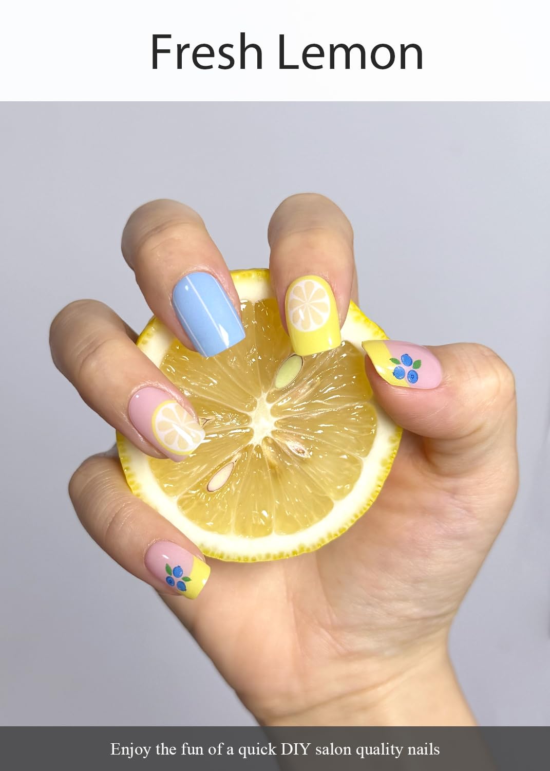 AutyaMee Semi Cured Gel Nail Strips (Fresh Lemon), 20 Pcs Gel Nail Wraps, Stickers, Salon Quality, Blueberry, Summer, Works with Any UV Lamps