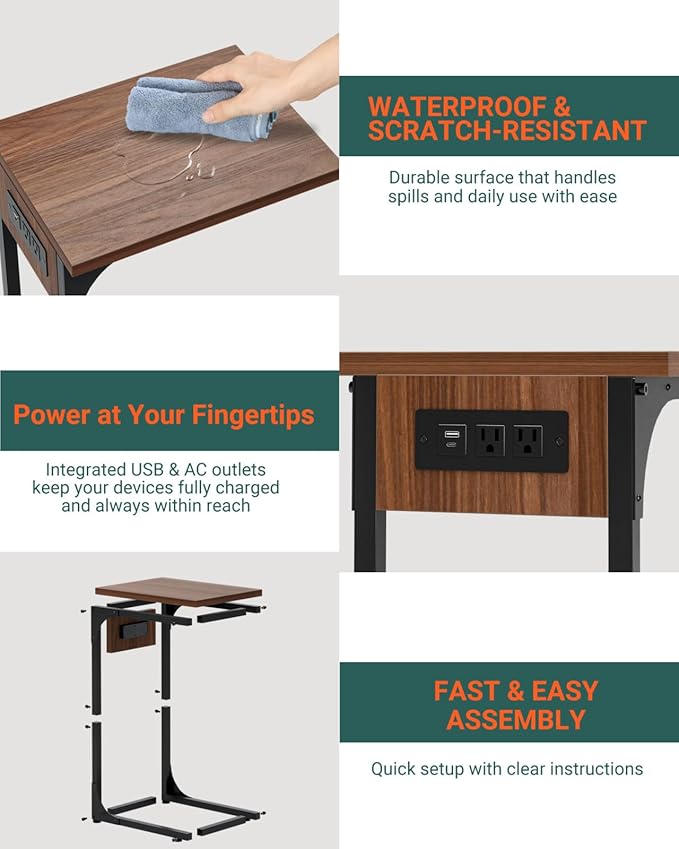 C-Shaped Side Table for Couch - Small Coffee Stand Sofa Tray Desk with Metal Frame Waterproof Scratch Resistant Wood Top and Built-in Charging Station, Rustic Walnut