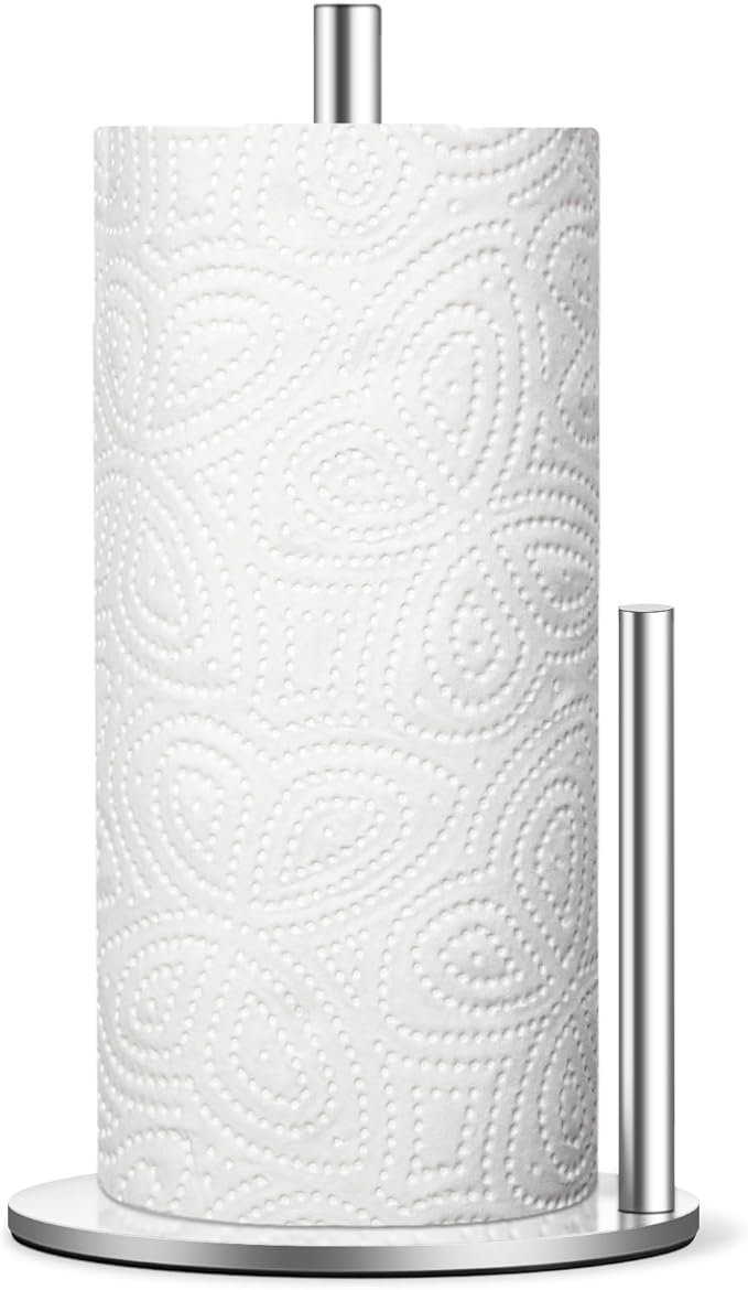 Paper Towel Holder Countertop, Premium Stainless Steel Silver Paper Towel Holder with Anti Slip & Waterproof, Freestanding Countertop Paper Towels Holder for Kitchen, Tabletop, Bathroom