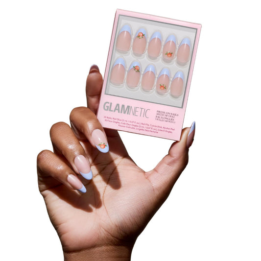 Glamnetic Press On Nails - Medium Oval Fake Nails with Blue French Tips & Orange Accents | Salon Quality Summer Nails | Capri Coast | 15 Sizes - 30 Nail Kit with Glue