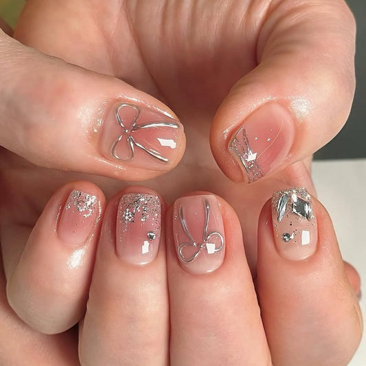 CTTHNBD Press on Nails Short - Square Fake Nails with Silver Bow Design - Glitter, Nude False Nails Press ons - for Women 24 Pcs