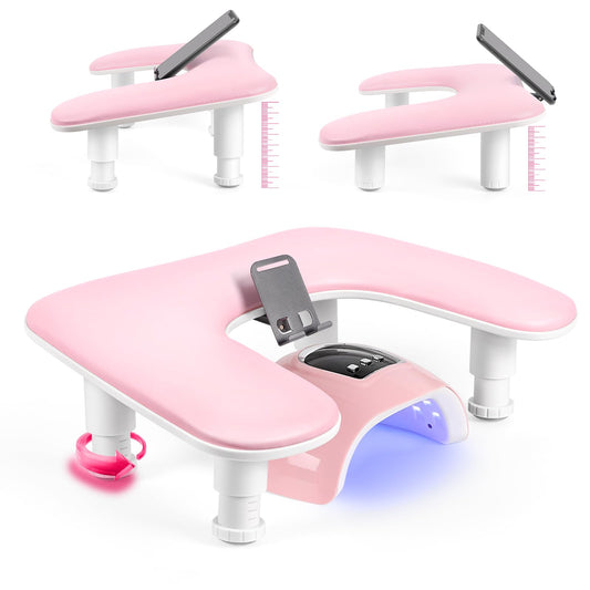 LIONVISON Arm Rest for Nails Tech: U Shaped Adjustable Height Ergonomic Nail Hand Rest Stand PU Leather with Rotating Phone Holder for Nail Salon Manicurist (Pink)