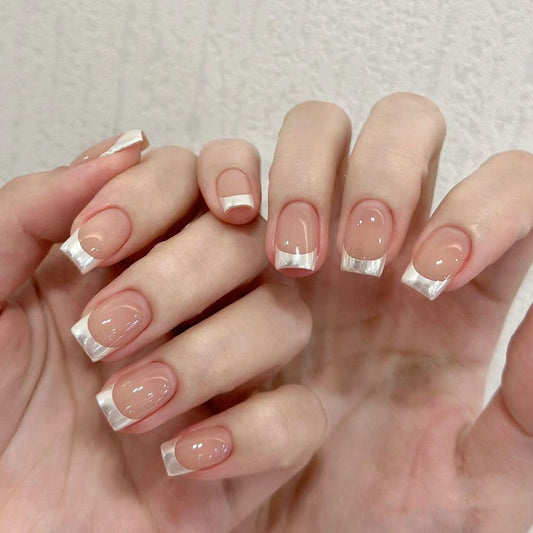 CTTHNBD Press on Nails Square - Short Fake Nails with Silver French Design - Nude False Nails Glossy Stick on - for Women 24 Pcs