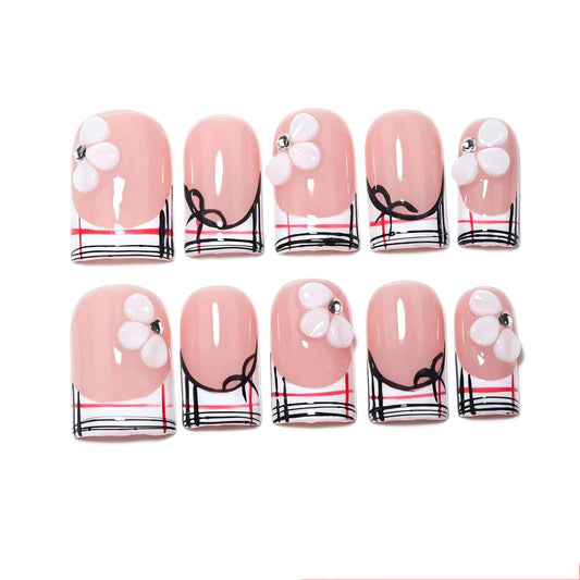 EasierGlow 10Pcs Handmade Short Square Press On Nails | Easy Apply & Remove, Reusable Salon Quality Nails | Nude Press Ons with Plaid French Tips, Hand-Drawn Bows & 3D Flower Accents (Y215, S)