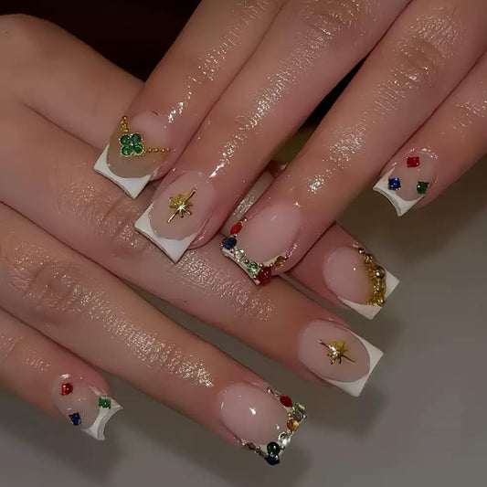 CTTHNBD Square Press on Nails Short - White French Tip Fake Nails with Starburst Design - Rhinestone Full Cover False Nails for Women 24 Pcx