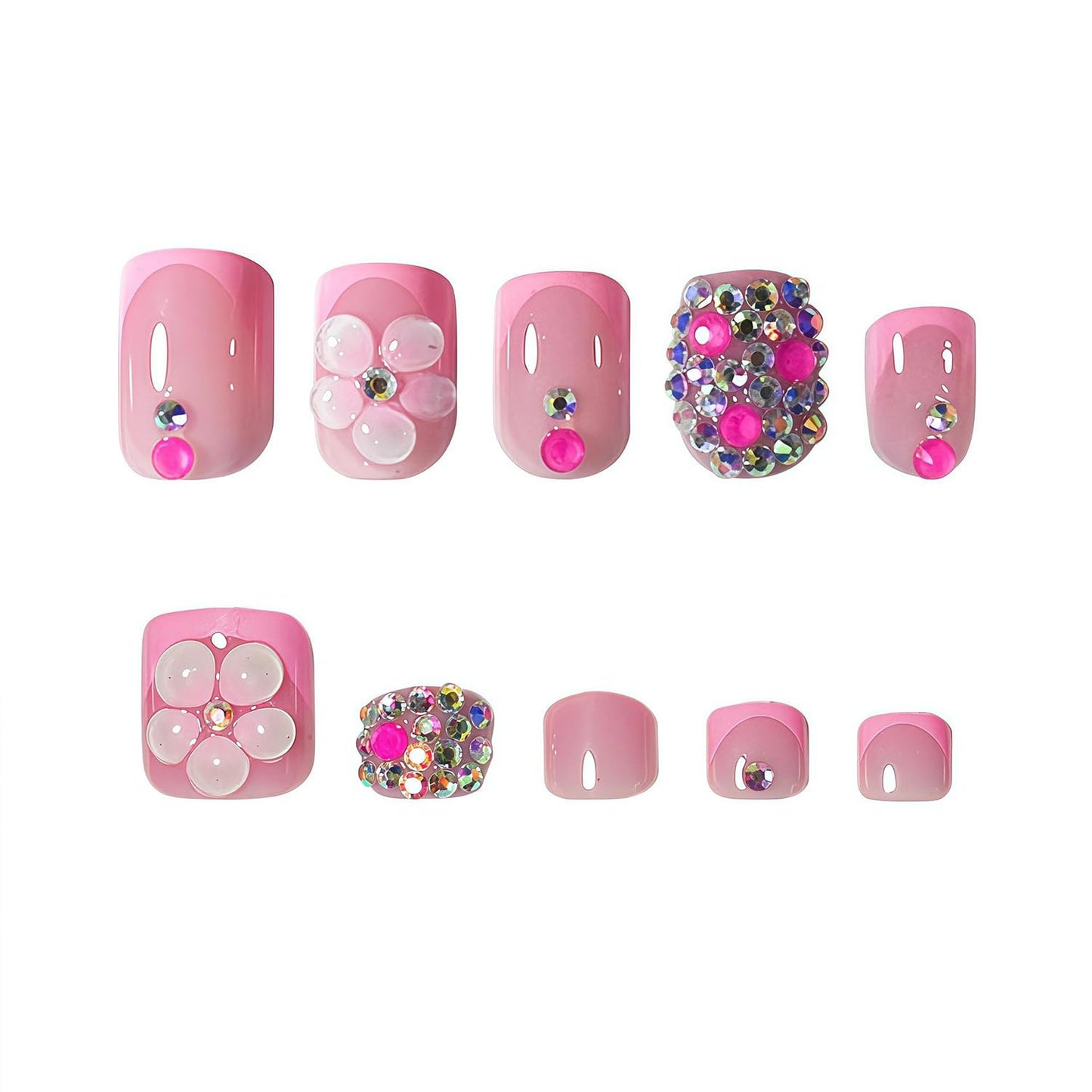 Pink French Tip Press On Nails Short Square & Press On Toenails Set With 3D Flower & Rhinestone Nails Press Ons Nude Pink Fake Nails Summer Acrylic Nails Full Cover Glue On Toenails For Women 48Pcs