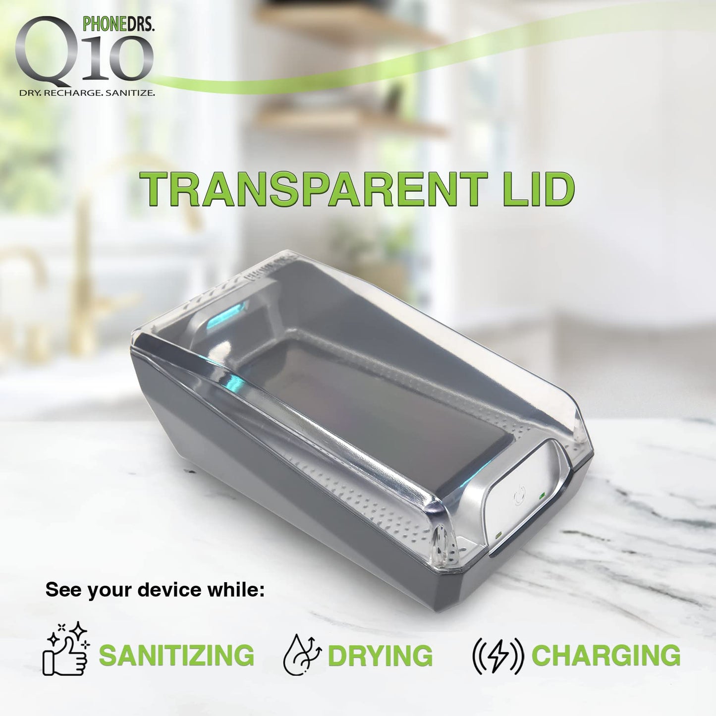PHONEDRS Q10 UV-C Cell Phone Sanitizer with Dryer and Qi Wireless Charging | Cleans, Dries and Charges All Phones