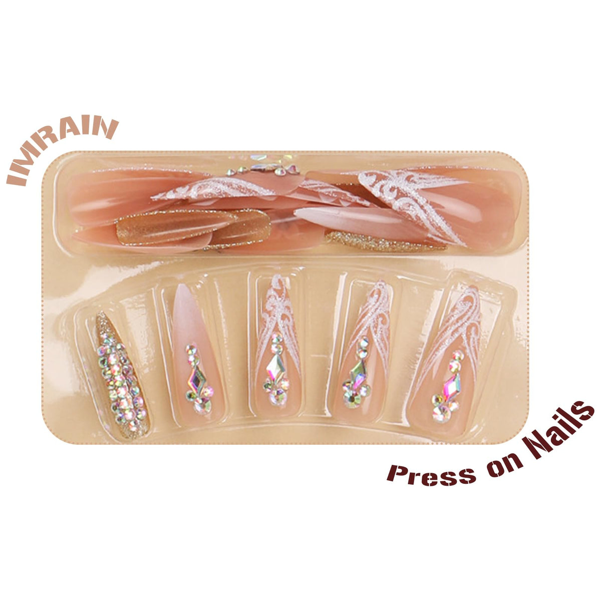 IMRAIN Press on Nails Long Stiletto Fake Nails Nude White French Tips Full Cover Almond Artificial Glitter False Nails with Rhinestone Designs Glossy Glue on Acrylic Nail Supplies 24Pcs
