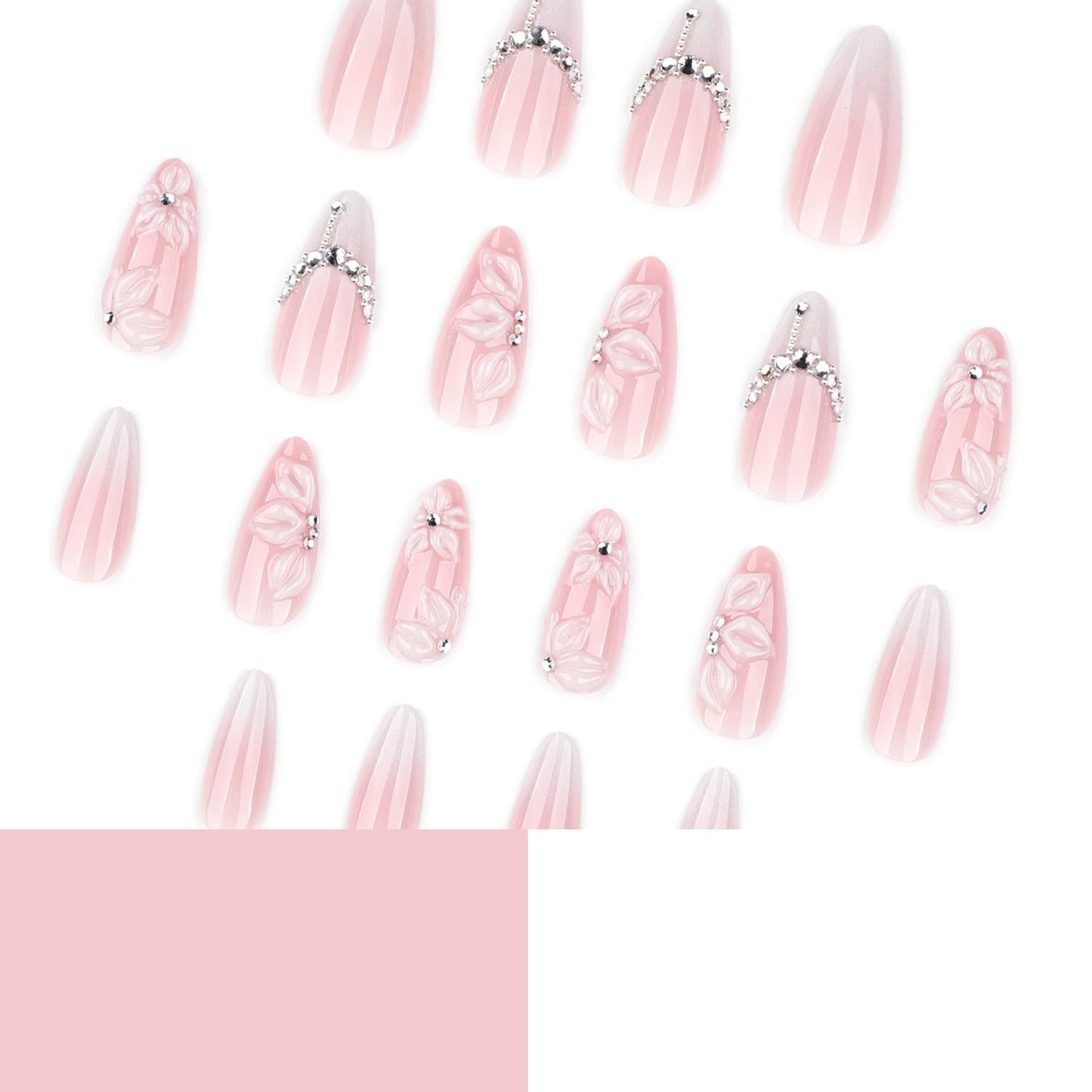 White Embossed Flower Press On Nails Almond Medium Fake Nails With Rhinestone Chain Design French Nail Press Ons Pink Glossy False Nails Spring Acrylic Nails For Women