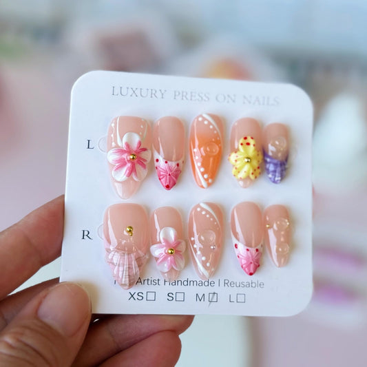 Haozerart Handmade Press on Nails, Cute Medium Almond with 3D Floral & Gold Pearl Designs, Reusable Fake Nails 10Pcs for Women & Girls (M Size)