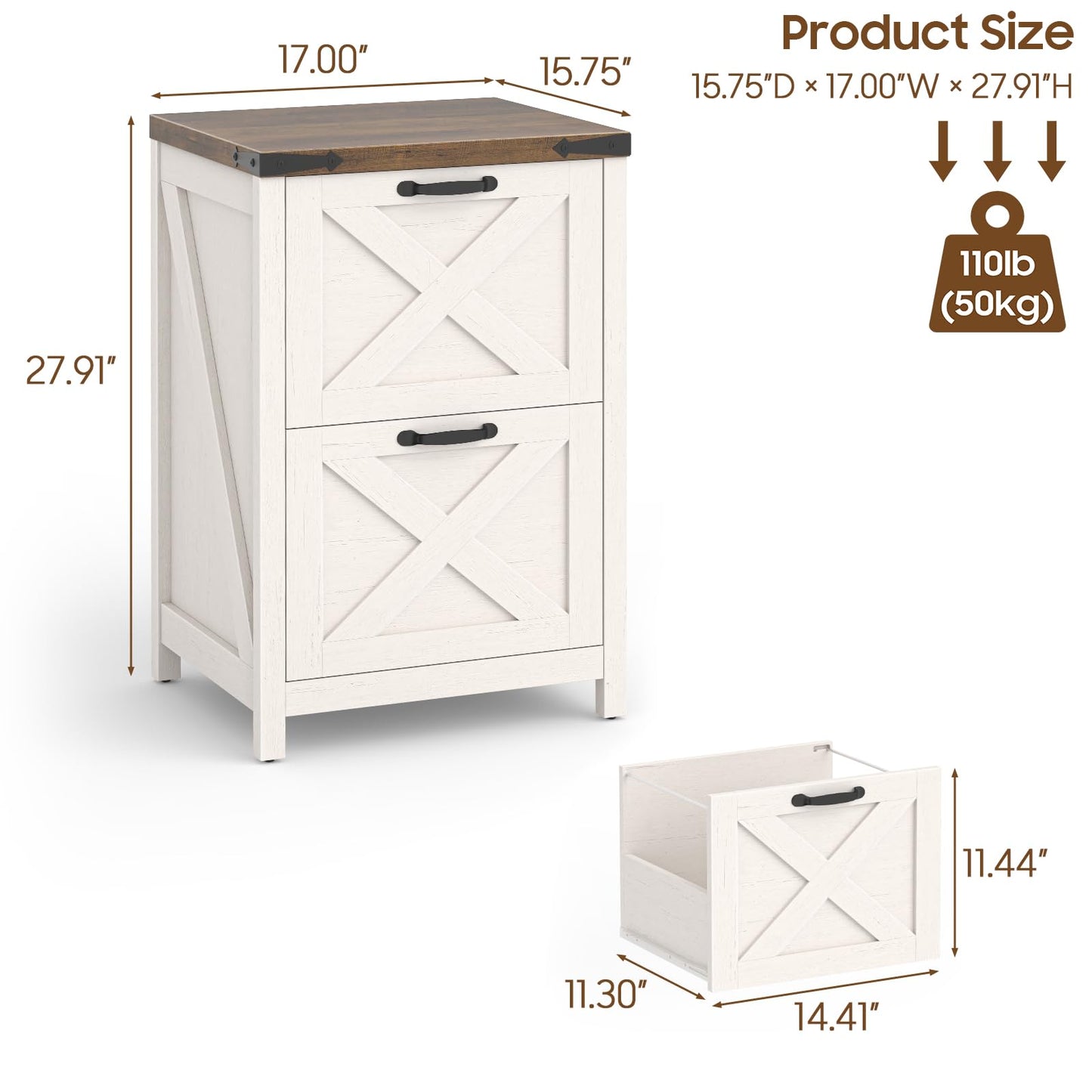 Halitaa 2 Drawer Small File Cabinet, Farmhouse Vertical Filing Cabinet Fits Letter and A4 Size, Under Desk Wooden File Cabinets for Home Office, Printer Stand, Rustic White