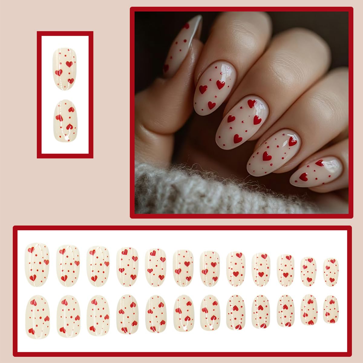Valentine's Day Press on Nails Small Heart Polka Dot Fake Nails with Glue Red Hearts Glitter Glossy Design False Nails for Women DIY Manicure Valentines Nail Decoration Supply 24Pcs