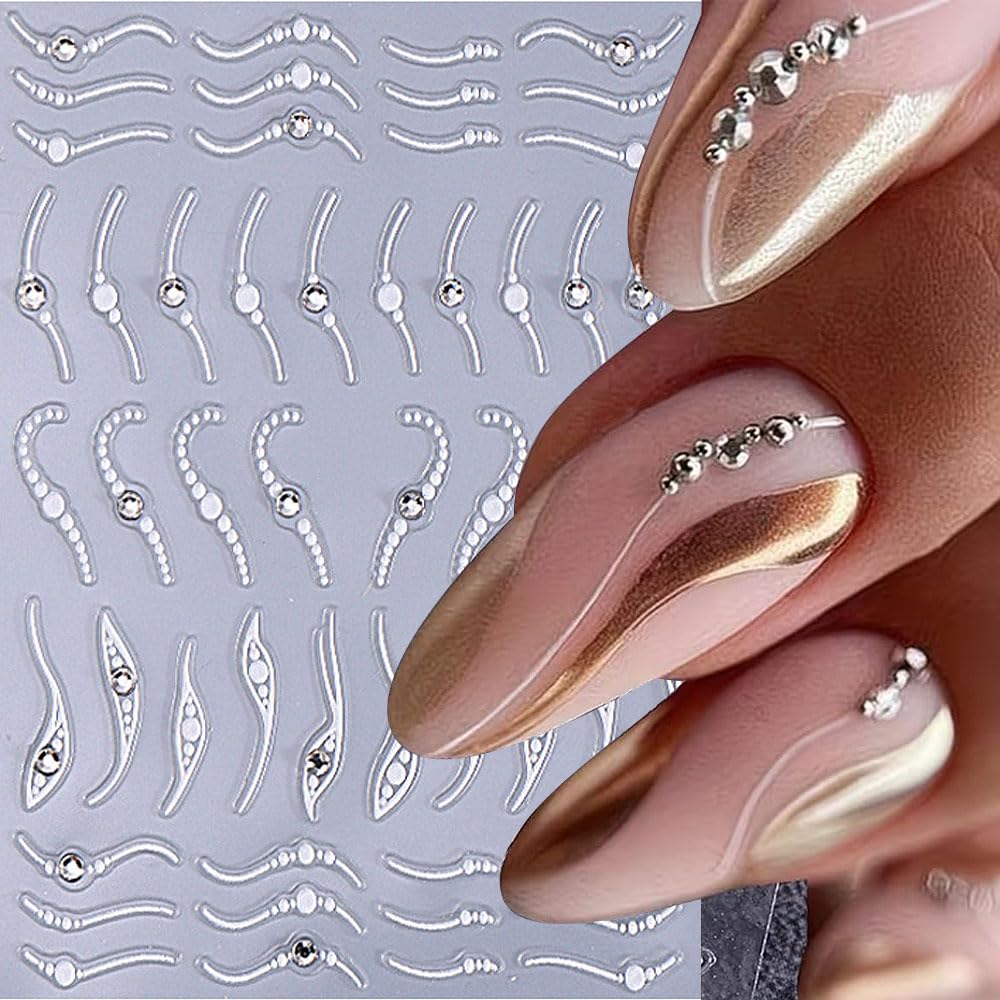 3Pcs French Line Nail Art Stickers,Silver Line Diamond Nail Stickers 5D Self-Adhesive Nail Decals Nail Art Supplies Silvery Stripe Swirls Wave Deisgns for Women Nails Decor