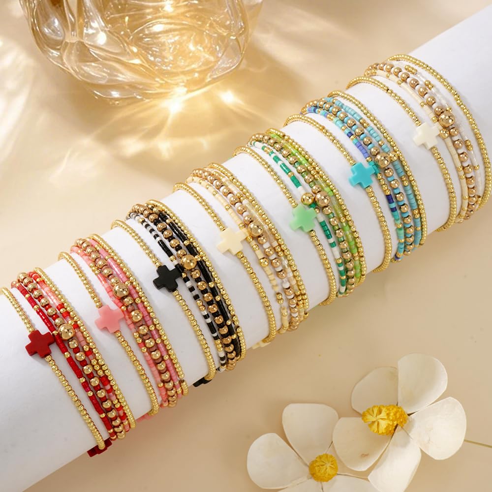Bohxantium Gold Beaded Stretch Bracelets Stack for Women - 14k Gold Stackable Elastic Cross Bracelet, White Waterproof Stretchy Seed Beads Jewelry Christian Faith Friendship Summer Beach Mothers Day Gifts