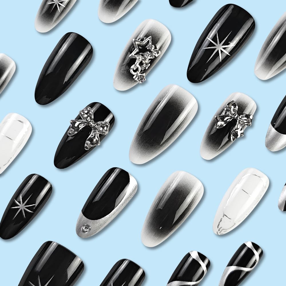 Press on Nails Medium Almond Black Ombre Fake Nails Stars Bow Charm False Nails with Designs Full Cover Dark Styles Acrylic Nails Glossy Glue on Nails Manicure Artificial Nails for Women Girls 24Pcs