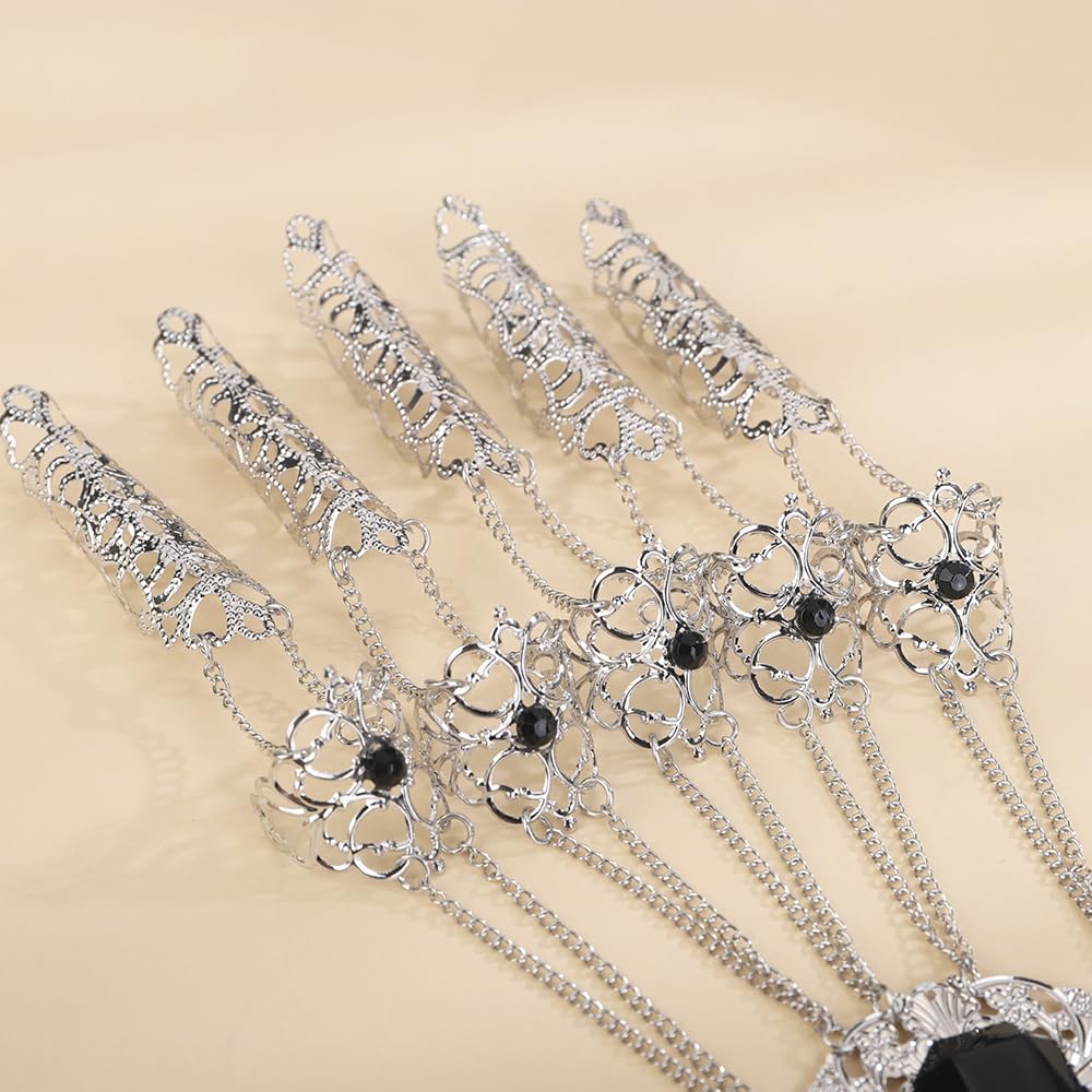 Chargances Halloween Finger Claw Nails Bracelet Gothic Ancient Queen Finger Extension Bracelet Belly Dance Indian Egyptian Hand Chain for Masquerade Cosplay Costume Jewelry (Silver)