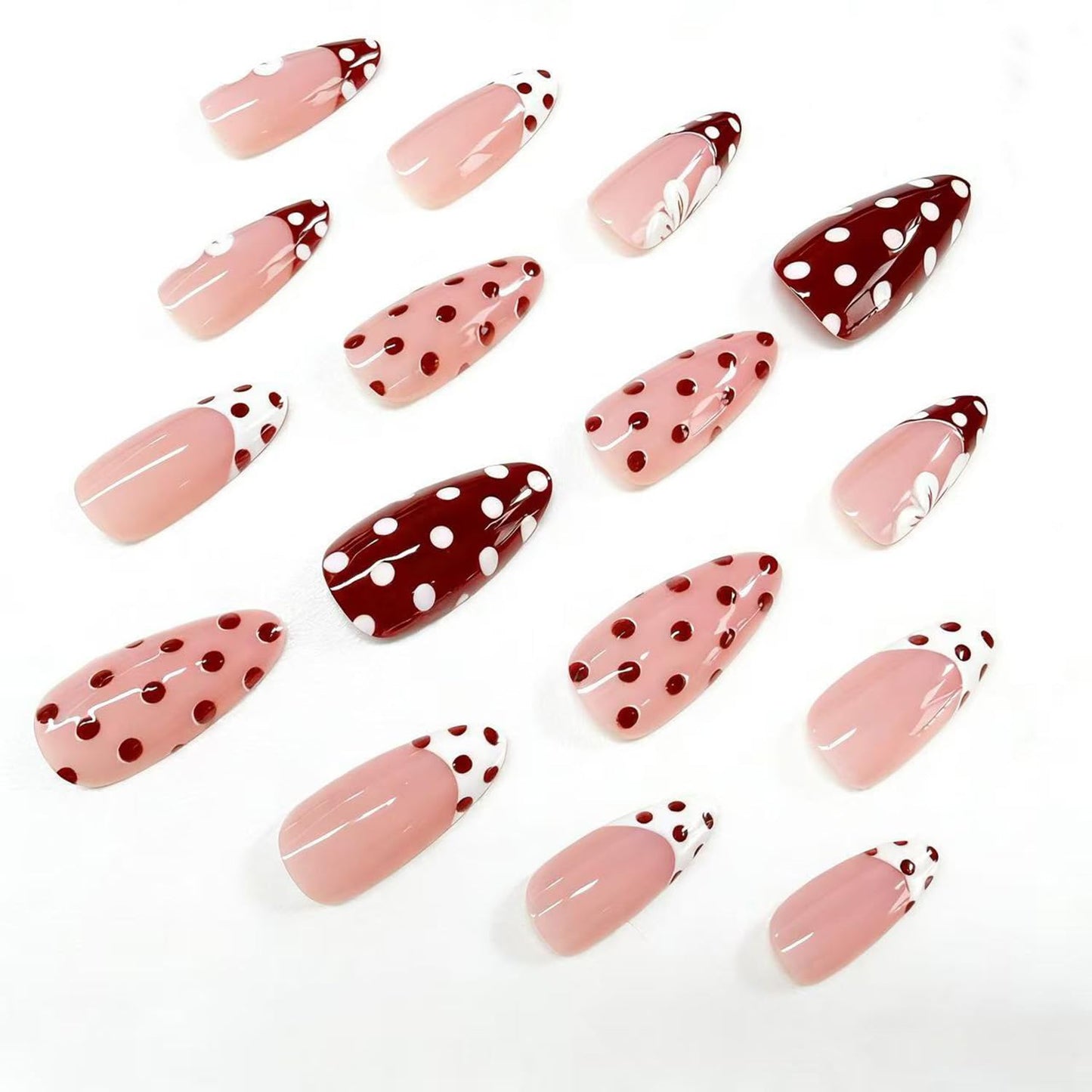 3D Flower Polka Dot Press on Nails Medium Almond Fake Nails with White French Tip Full Cover Stick on Nails Burgundy Pink Nails Press ons Cute Reusable Acrylic Nails for Women Manicure 24Pcs