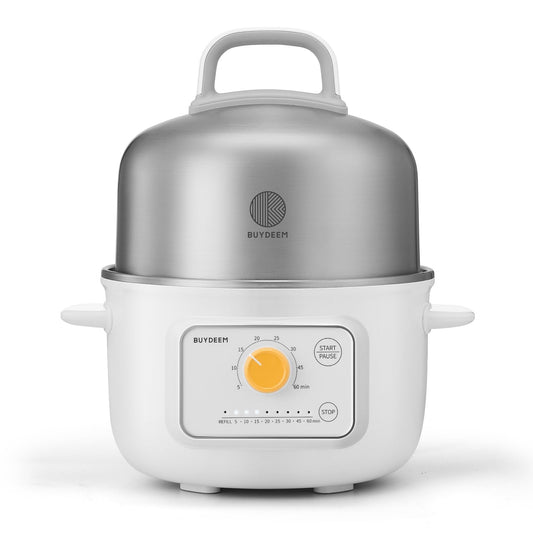 BUYDEEM G32 Electric Food Steamer 1.6QT, Stainless Steel Steamer for Vegetable Egg Seafood, 8 Time Settings, Triple Dry Protection, Quick Steam, Healthy Cooking for 1-2 Servings, Arctic White