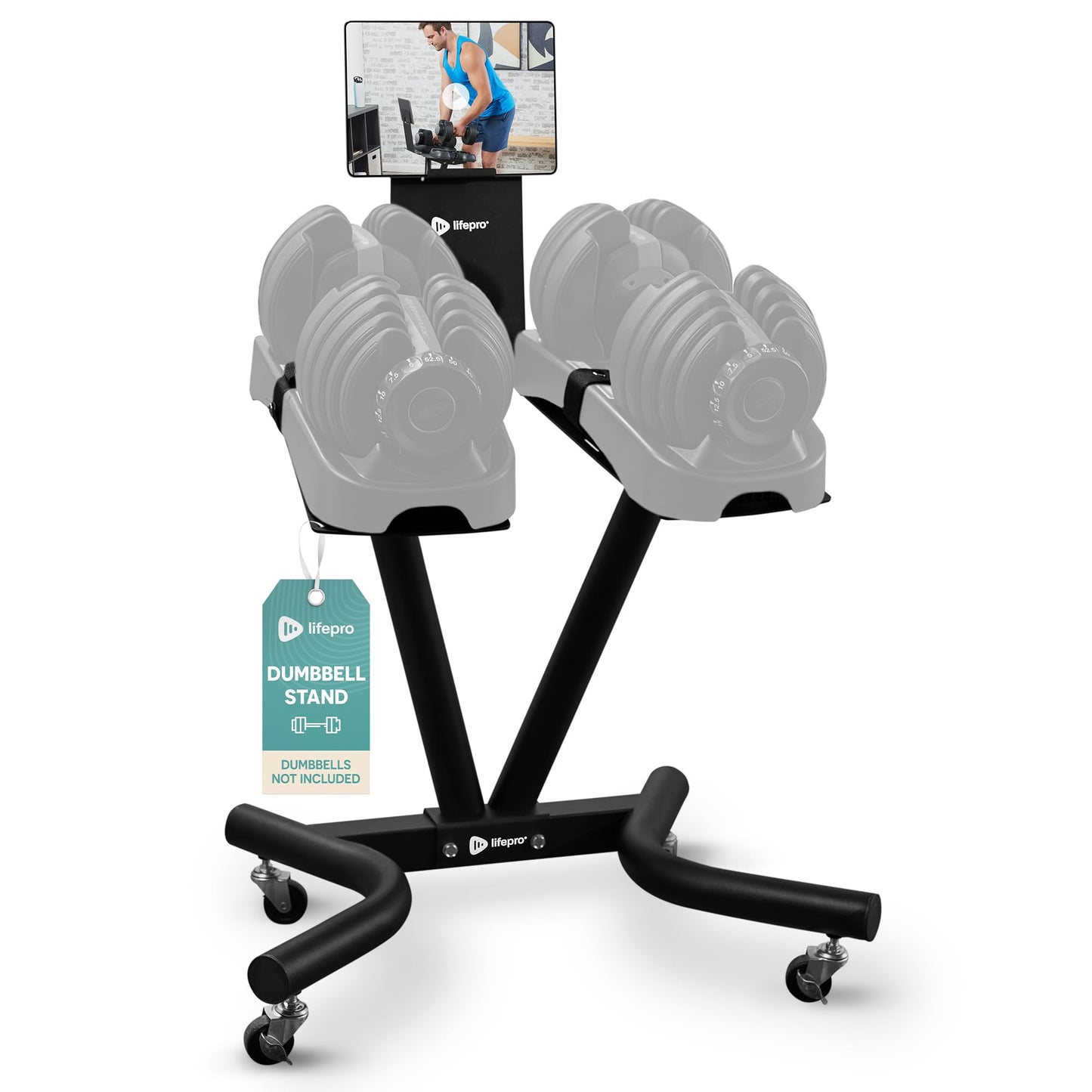 Lifepro Adjustable Dumbbell Stand with Wheels & Phone/Tablet Holder – Compatible with PowerFlow Plus, PowerUp Plus & Other Brands – Smart, Space-Saving Dumbbell Rack for Home Gym