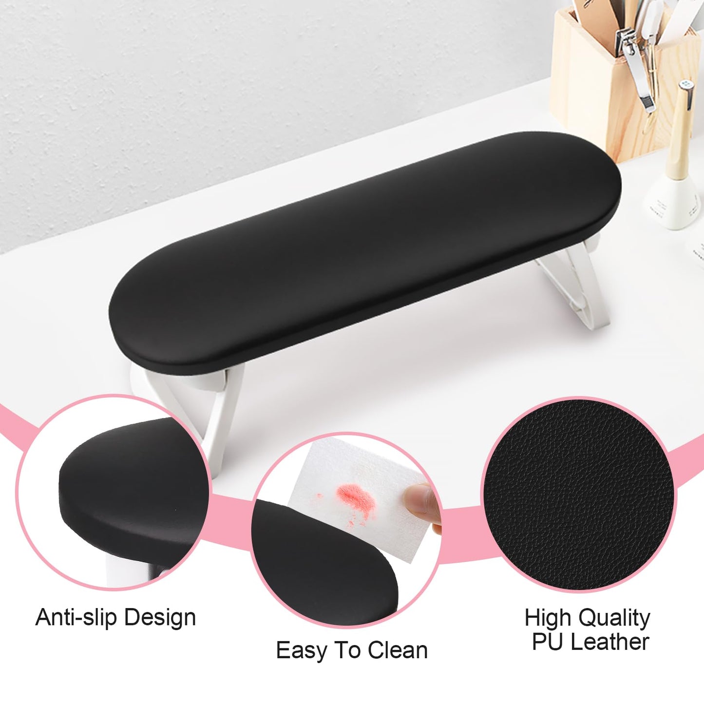 Subay Nail Arm Rest, Foldable PU Leather Manicure Hand Rest for Acrylic Nails Cushion Hand Holder, Nail Arm Rest Pillow Nail Art Tool for Nails Tech Manicure Pedicure Salon Home Use - Black