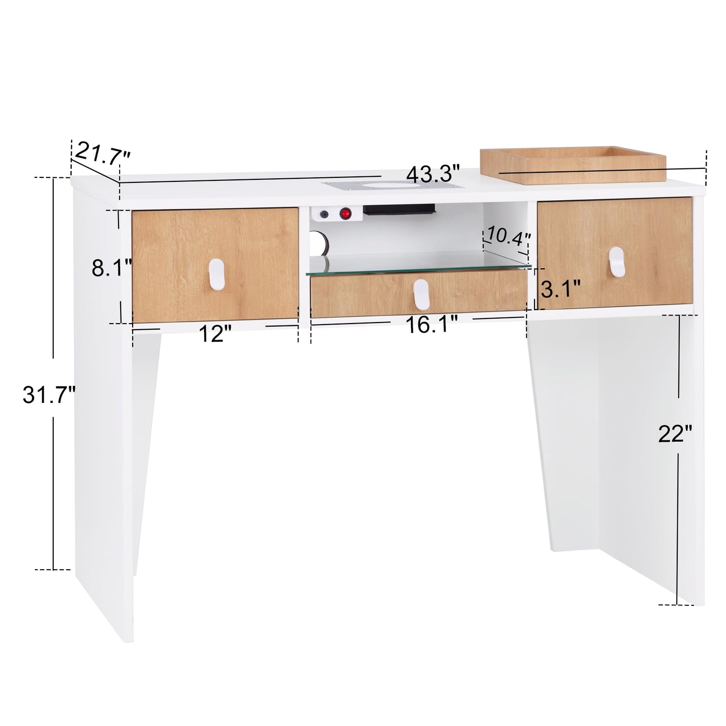 BarberPub Manicure Table with Electric Dust Collector & 2 Dust Bags, Beauty Nail Art Desk with Built-in Socket, Salon Nail Supplies Storage Workstation with Nail Vacuum Cleaner VC232 (White&Teak)