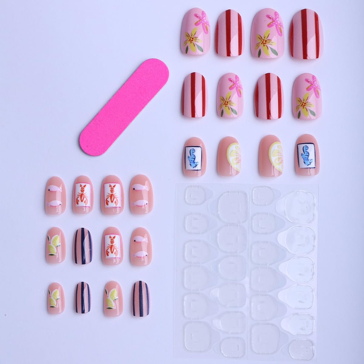 Summer Flower Press on Nails Ocean Almond Fake Nails with Shrimp & Fish Designs Starfish Full Cover Stick on Nails Red Blue Stripe Medium Length False Nails Summer Glue on Nails for Women