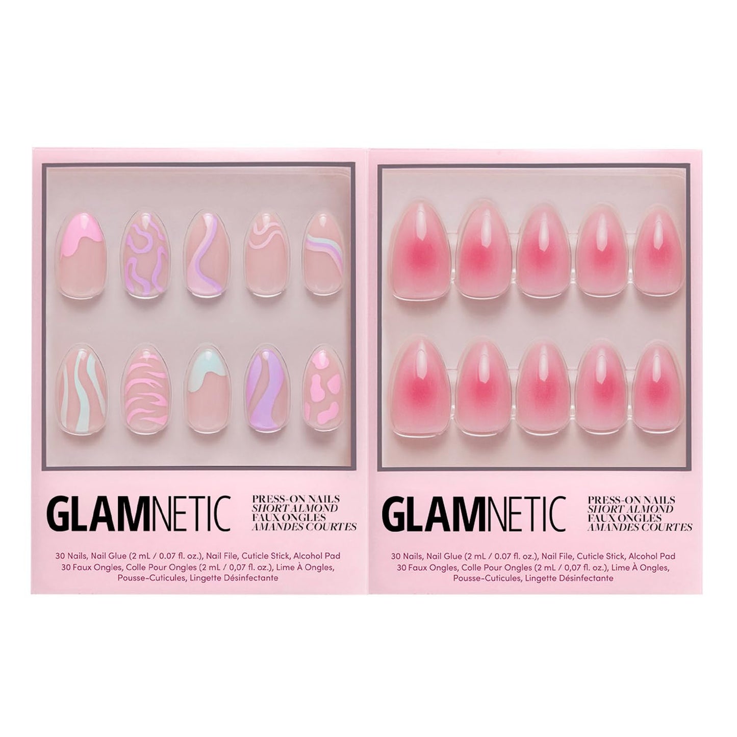 Glamnetic Press-On Nails Bundle - Wild Card & Blushing Aura | Short Almond Fake Nails with Trendy Pastel Prints | Glossy Short Almond False Nails with Trendy Pink Ombre | Reusable, Salon-Quality Nail