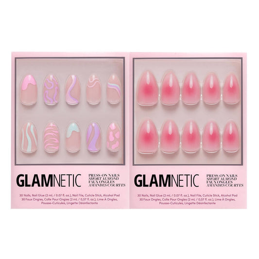 Glamnetic Press-On Nails Bundle - Wild Card & Blushing Aura | Short Almond Fake Nails with Trendy Pastel Prints | Glossy Short Almond False Nails with Trendy Pink Ombre | Reusable, Salon-Quality Nail