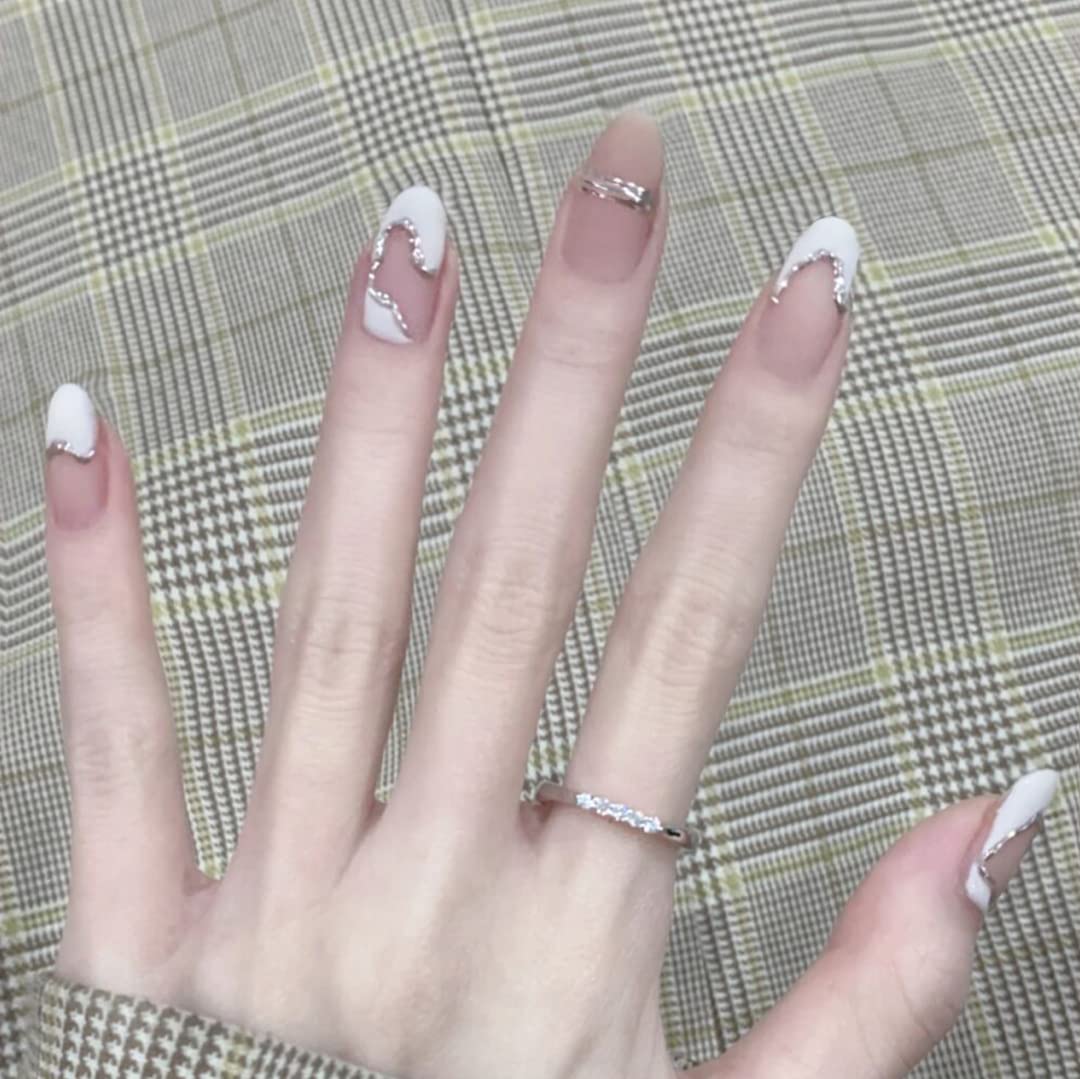 Light Rain Press on Nails - Milk, 3D Handmade white Reusable Gel UV Finished False nails, Hand-Painted with Design by Professional Manicurist, Medium Oval, Large Size