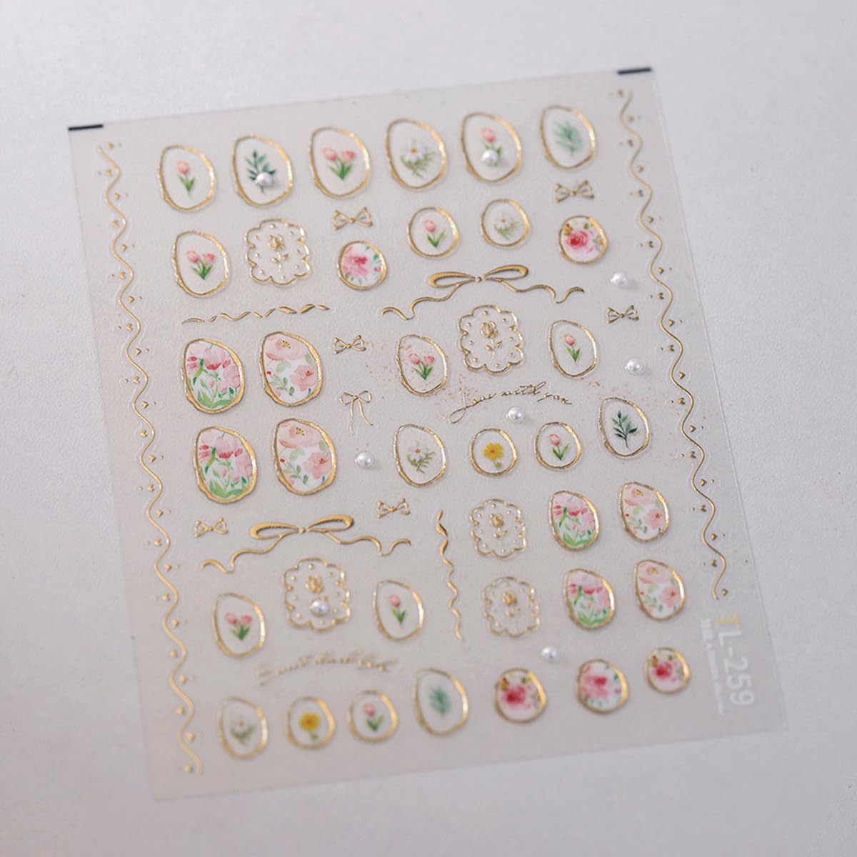 5D Embossed Flower Nail Art Stickers Cute Tulip Irregular Frame Gold Bow Hollow Designs Self Adhesive Nail Decals Bronzing Nail Sticker with Pearl Charms for Women DIY Nails Art Accessories