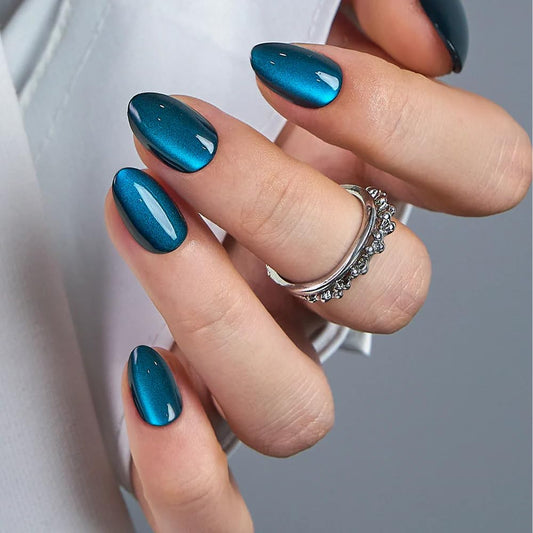 CurvLife Soft Gel Oval Press-On Nails Short Kit, Reusable Fake Nails with Glue & Adhesive Tabs, 30PCS Salon-Quality Stick-On Nails for At-Home Manicure (Blue Cat)