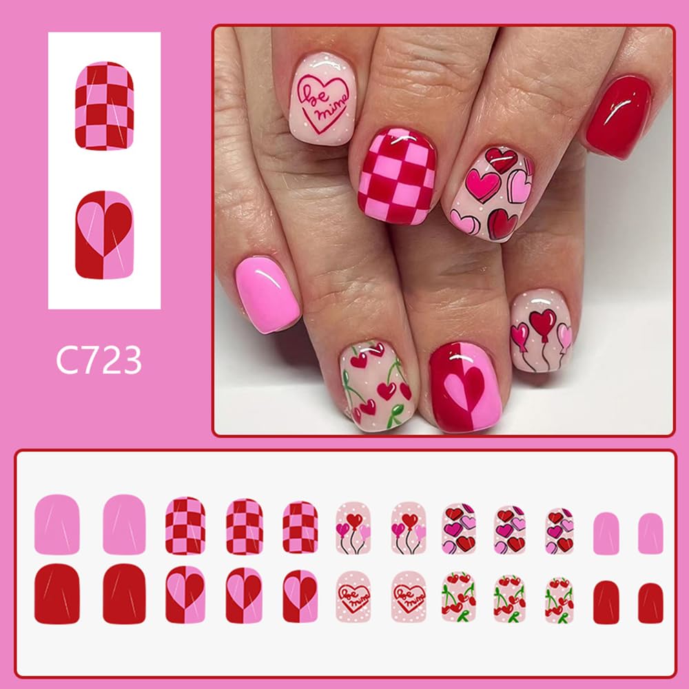 CEWEWP Valentine’s Day Press on Nails Square Short Fake Nails Red Nails Press ons Pink with Heart Grid Designs Balloon Glue on Nail Glossy Acrylic Stick on Nail for Women 24Pcs