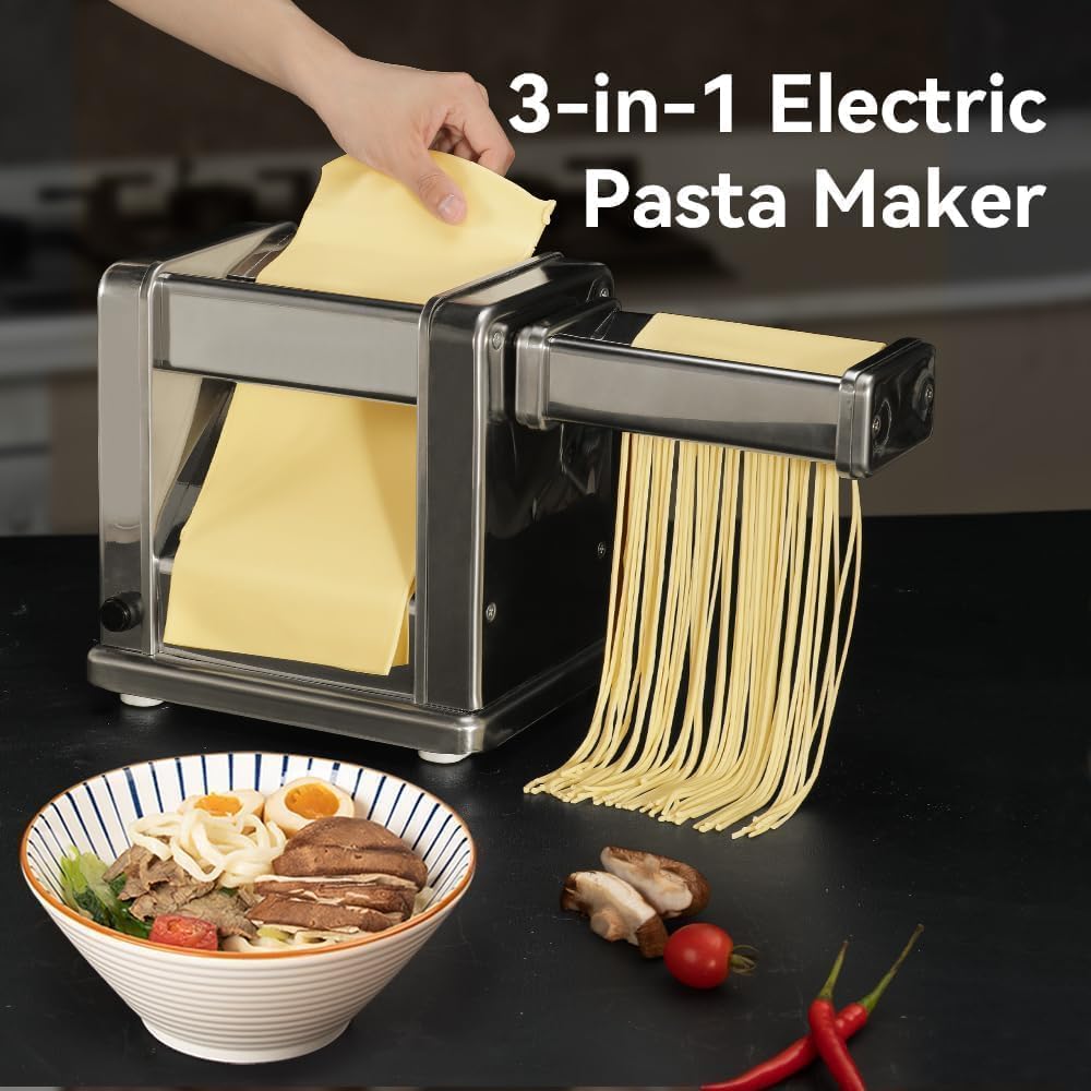 Maxceysen Electric Pasta Maker Stainless Steel Noodle Machine with Roller & Cutter Adjustable 7 Thickness & 2 Width for Spaghetti, Fettuccini, Lasagna, Pie Crust, Dumpling, Wonton