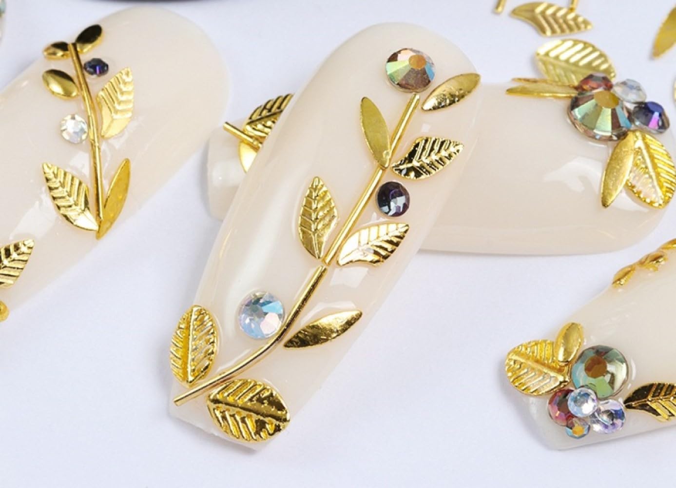 Chunmeng 3D Metal Nail Gems for Acrylic Nail Supplies, Holographic Gold Line Leaf Gems Sparkle Shape Design Decals DIY Manicure Jewelry Accessories for Women Girls Nail Decor