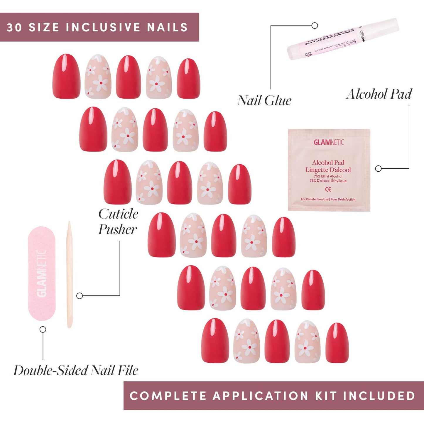 Glamnetic Press-On Nails Bundle - Red Blossom & Goal Digger | Short Oval Fake Nails with Floral Accents | Natural Short Round False Nails with Gold Foil | Reusable, Salon-Quality Nail Kits