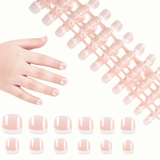 SIUSIO 120pcs 5 Pack Children Acrylic Fake Nails Press on Full Cover Classic French Short False Nail Art Kits Set Christmas Gift for Kids Little Girls Women - Nude Classic