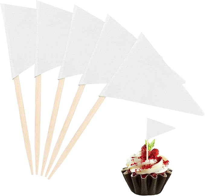 100 Pcs Toothpick Flags Mini Small Plain White Triangle Stick Golf Cupcake Toppers Sticks Blank Flag Fruit Cheese Markers Flags for Wedding Party Buffet Appetizers Dessert DIY Decoration Solid White