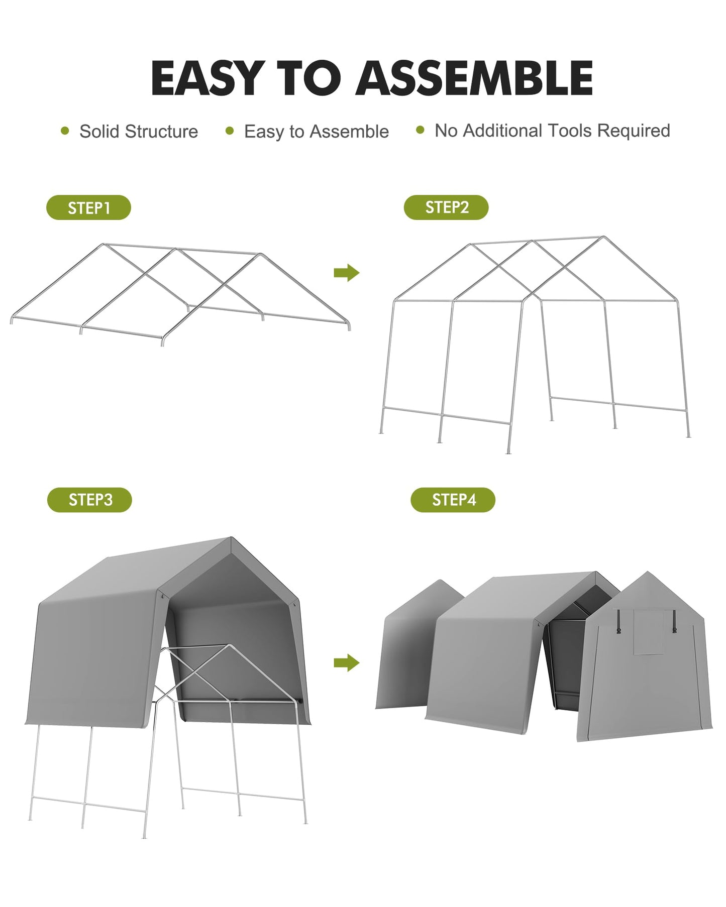 GarveeHome 10 x 10 Ft Carport Storage Shed, Portable Garage with Roll-Up Zipper Door, Heavy Duty Waterproof Tarp, Storage for Motorcycle, Bike, Firewood, Garden Tools, Grey